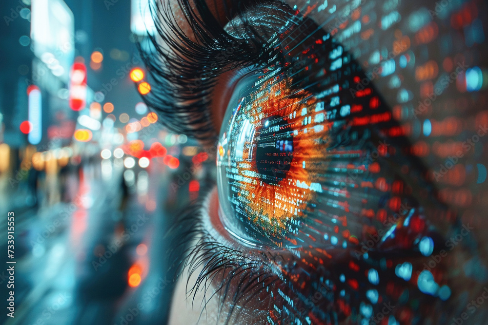 Fototapete Close-Up of a Womans Eye Reflecting Abstract Digital Data Patterns