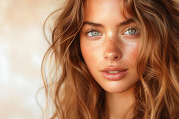 Naklejka premium Close-Up Portrait of a Young Woman With Freckles and Blue Eyes