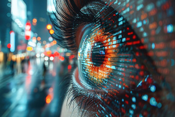Close-Up of a Womans Eye Reflecting Abstract Digital Data Patterns - obrazy, fototapety, plakaty