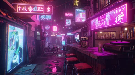 Gordijnen a realistic pc desktop wallpaper of a futuristic cyberpunk japanese tokyo city narrow street road at night. pink and purple neon lights on bar boards screens © oldwar