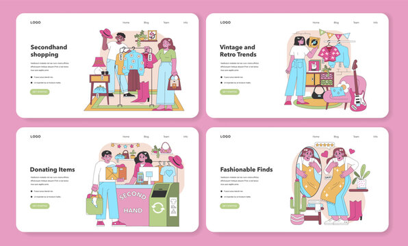 Sustainable style series. Illustrations showcase the joys of secondhand shopping, item donation, vintage finds, and fashion discoveries on a pastel website layout. Conscious consumerism. Vector.