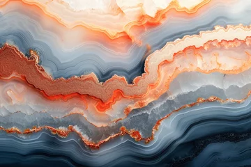 Papier Peint photo Lavable Cristaux This image showcases the natural beauty of a blue and orange banded agate stone, highlighting its mesmerizing patterns and colors.