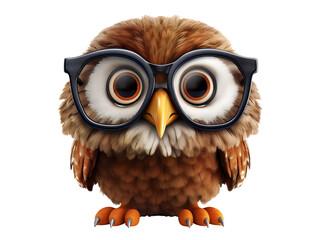 Wise Old Cartoon Owl with Glasses, isolated on a transparent or white background