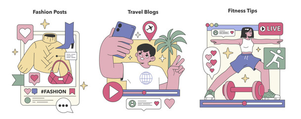 Social Media Content set. Trendsetting fashion, exotic travel destinations, dynamic fitness routines. Style curation, adventure sharing, health inspiration. Flat vector illustration