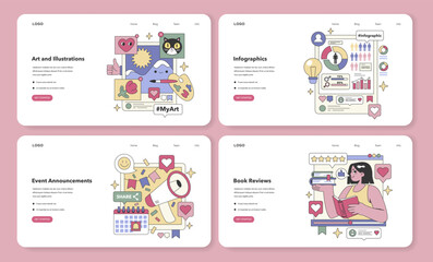Digital Creatives set. Showcasing artwork, data insights, event highlights, and literary critiques on social platforms. Connecting creators, analysts, and readers. Flat vector illustration