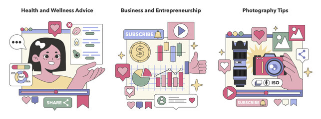 Social Media Content set. Health advice, business strategies, and photography guidance. Wellness tips, entrepreneurial insights, camera skills. Flat vector illustration