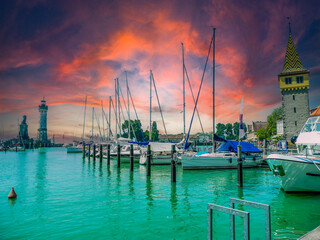 View of the harbor in Lindau on Lake Constance