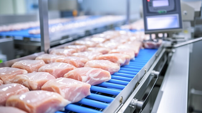 Poultry farm for the production of chicken meat. Industrial production and packaging of chicken meat. Food products meat chicken on the conveyor. 
