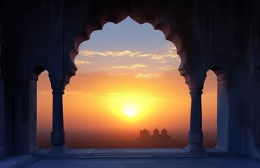 Sunset on blue islamic archways frame ledge, mosque silhouettes image