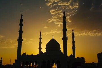 Silhouette of mosque against sunset sky, mosque silhouettes picture