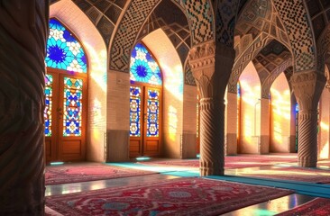 Beautiful archway with arches in mosque adorned with tiles and colored glass windows, mosques image