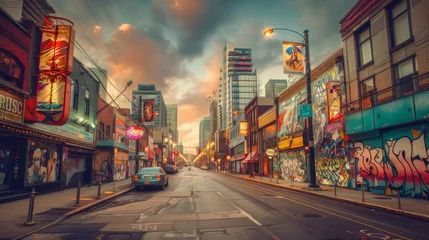 Foto op Canvas A urban streets with graffiti buildings and paint signs  © oldwar