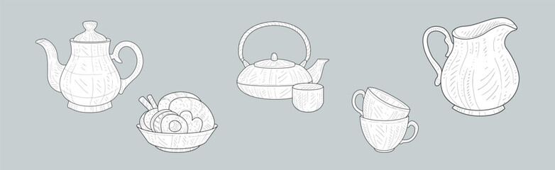 Tea Hand Drawn Object with Teapot, Cup and Sweets Vector Set