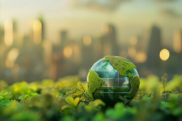 Urban Dawn, A Miniature World Perspective. earth ball on the ground, small globe of planet earth with a young plant around. earth hour concept, eco concept