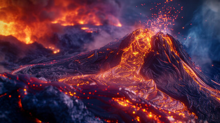 A volcano and a lava. Volcano eruption concept background
 - obrazy, fototapety, plakaty