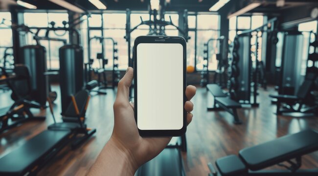 mockup image of a smartphone with a blank screen with a gym in the background