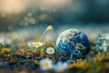 earth ball on the ground, small globe of planet earth with a young plant around. earth hour concept, eco concept