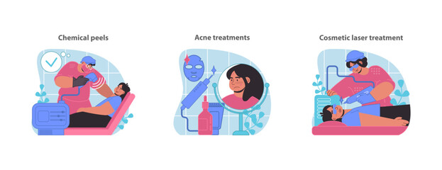 Skincare procedures set. Featuring chemical peels, targeted acne treatments, and advanced cosmetic laser techniques. Flat vector illustration.