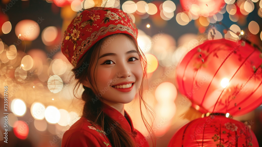 Wall mural Chinese Lunar new year, Woman in Red Dress Holding Two Red Lanterns