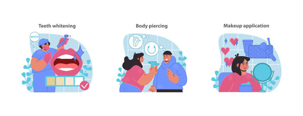 Aesthetic service set. Dental brightening, body ornamentation, and facial makeup techniques for enhanced beauty. Flat vector illustration.