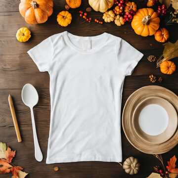 Mockup de camiseta do dia de a&ccedil;&atilde;o de gra&ccedil;as. Camiseta branca sobre mesa de madeira com ab&oacute;boras ao redor. Camiseta branca vazia.