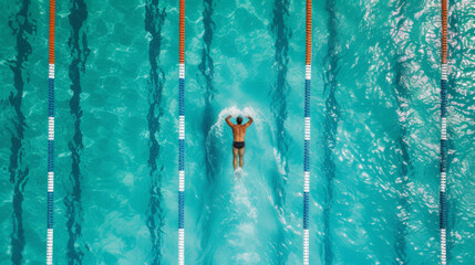 Aerial Top View Male Swimmer Swimming in Swimming Pool. Professional Determined Athlete Training for the Championship, using Butterfly Technique. Top View Shot