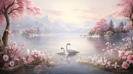 Illustration of two white swans on a still water