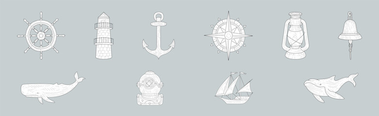 Obraz premium Nautical and Marine Hand Drawn Object and Element Vector Set