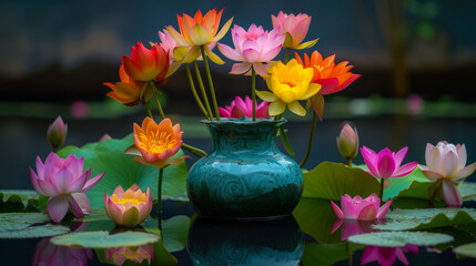 Beautiful blooming lotus flower with leaves, Water lily pot. Beautiful color pink lotus flower with green leaves in the pond Pink lotus flowers blooming on the water magical