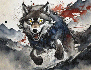 和紙に描かれた水墨画の狂気の狼