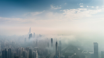 Panoramic cityscape and sky images reveal smog and air pollution from PM2.5 particles. - obrazy, fototapety, plakaty