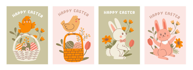 Fototapeta premium Happy Easter. Set of banners, greeting card, poster, holiday covers. Modern design with typography, bunny and chicken.