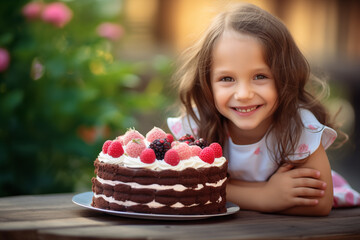 Cute little caucasian girl at outdoors holding cake