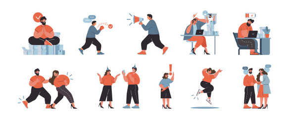 Workplace dynamics set. Business individuals in various scenarios including strategy planning, collaboration, presentations, and problem-solving. Flat vector illustration.