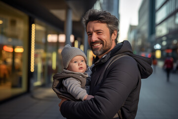 Middle aged man in the middle of the city with newborn baby