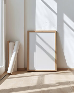 A single oak wood frame mockup in an artist studio. Sunlight streams in. White walls with wood floor. Rolls of paper