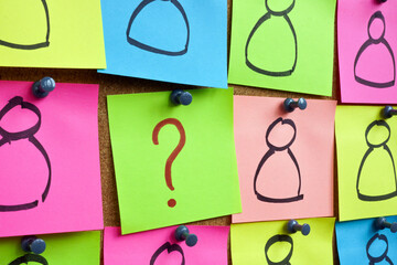 Buyer marketing research. Pinned colored stickers and a question mark.