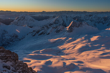 Amazing panoramic view across the Zugspitze snow field and Alpin mountain chain