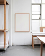 A single oak wood frame mockup in an artist studio. The floor is concrete, the walls are white, there are splatters of paint.