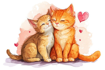 Cartoon cats on pink background with red hearts. Valentines day concept.