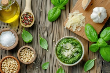 High angle view of various ingredients for preparing pesto sauce like basil, garlic, parmesan cheese, olive oil, salt, pepper and pine nuts on a wooden backdrop.