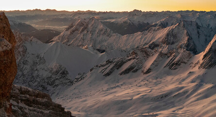 Amazing panoramic view across the Zugspitze snow field and Alpin mountain chain