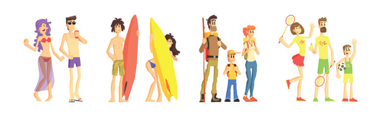 People Character at Beach Having Summer Vacation Vector Set
