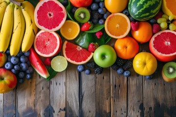 Juicy fruits: Top view of an assortment of various kinds of multicolored fresh juicy fruits like banana, green a red apples, lime, grapefruit, kiwi, watermelon