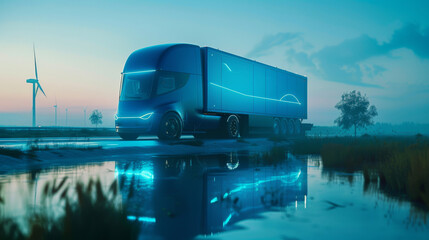 Blue electric vehicle trailer truck green hydrogen concept. Sustainable renewable energy. H2 storage tank, power plant, and wind turbines. Commercial logistic truck transport with green power