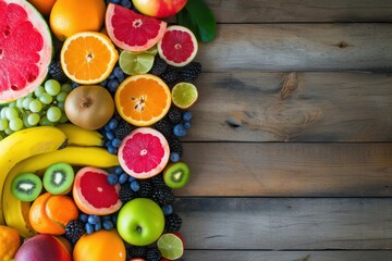 Juicy fruits: Top view of an assortment of various kinds of multicolored fresh juicy fruits like banana, green a red apples, lime, grapefruit, kiwi, watermelon