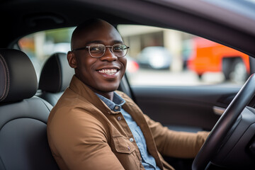 Fototapeta na wymiar Young African American man inside a car