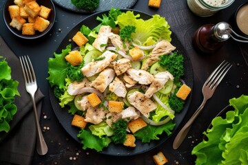 Top view of a fresh homemade chicken salad on a black plate surrounded by a fork, a napkin, croutons, a bowl with the dressing for seasoning the salad