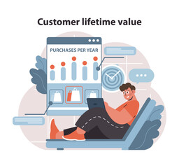 Customer lifetime value concept. Illustrates data-driven approach to evaluating consumer spending over time. Key for strategic business growth. Flat vector illustration.