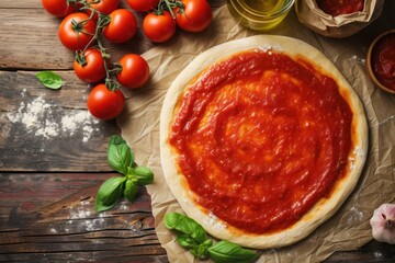Top view of a raw pizza dough spread with tomato sauce. 
